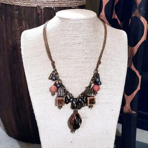 Antiqued Porcelain Brass Glass Bauble and Beads Handcrafted Edgy Earthy Necklace